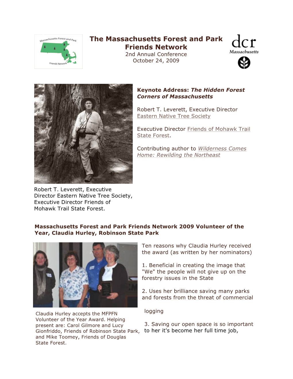 The Massachusetts Forest and Park Friends Network 2Nd Annual Conference October 24, 2009