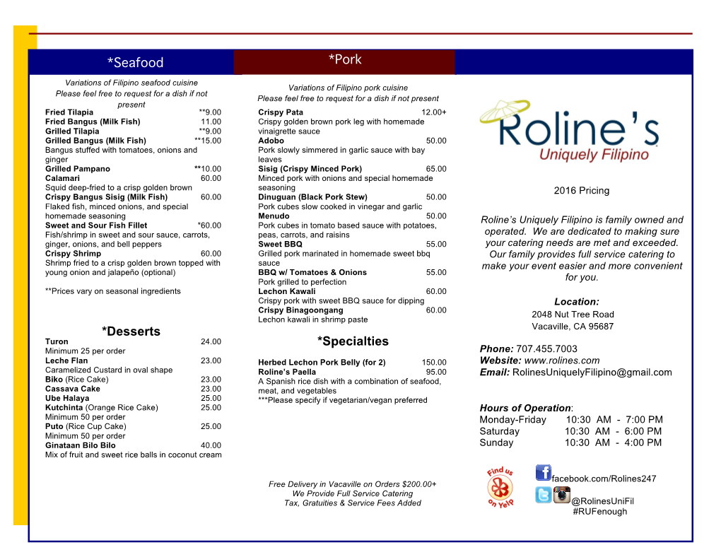 Roline's Uniquely Filipino 2016 Menu