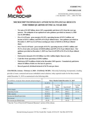 Microchip Technology Announces Financial Results for Third Quarter of Fiscal Year 2020