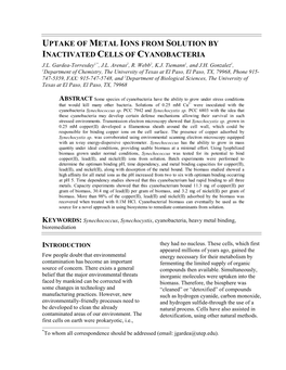 Uptake of Metal Ions from Solution by Inactivated Cells of Cyanobacteria J.L