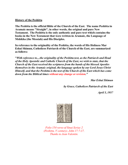 History of the Peshitta the Peshitta Is the Official Bible of The