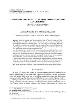 ADDITIONAL INSIGHT INTO CREATIVE CONTRIBUTION of LE CORBUSIER UDC 72.036MODERNIZAM Jasenka Čakarić, Aida Idrizbegović Zgonić