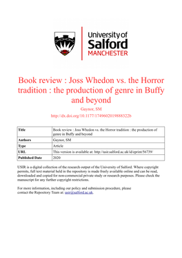 Book Review : Joss Whedon Vs. the Horror Tradition : the Production of Genre in Buffy and Beyond Gaynor, SM