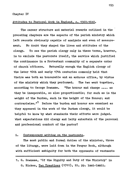 Chapter IV Attitudes to Pastoral Work in England. C. 1560-1640. the Career Structure and Material Rewards Outlined in the Preced