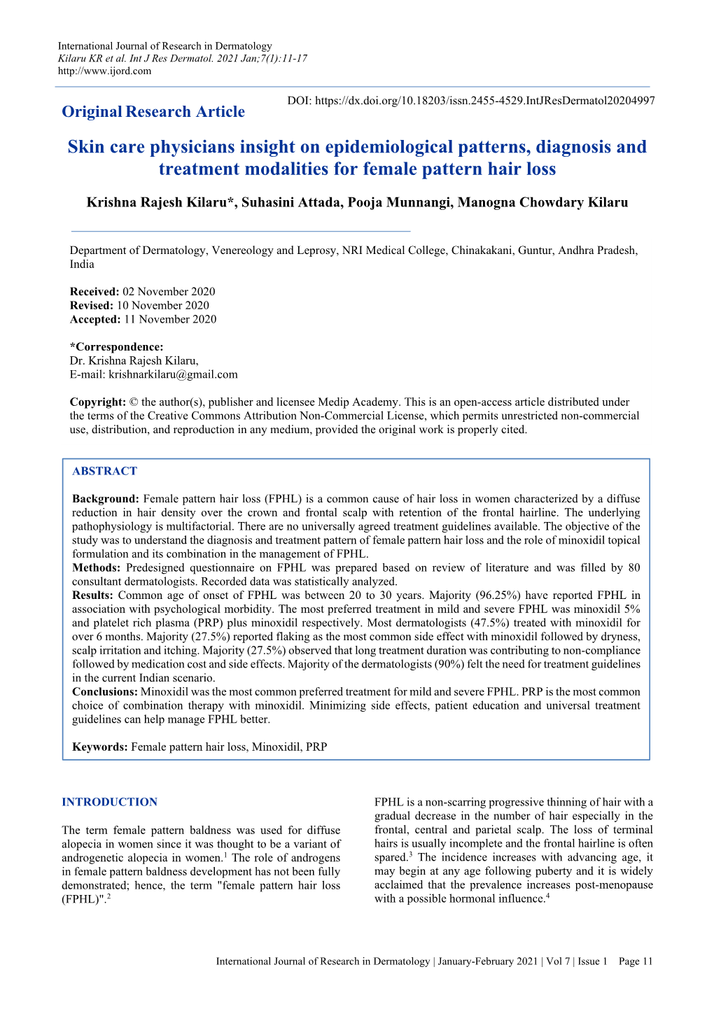 Skin Care Physicians Insight on Epidemiological Patterns, Diagnosis and Treatment Modalities for Female Pattern Hair Loss