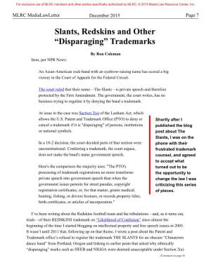 Slants, Redskins and Other “Disparaging” Trademarks