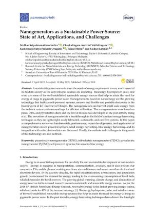 Nanogenerators As a Sustainable Power Source: State of Art, Applications, and Challenges