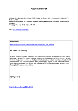 Pre-Activation of the P53 Pathway Through Nutlin-3A Sensitises Sarcomas to Drozitumab Therapy Oncology Reports, 2013; 30(1):471-477