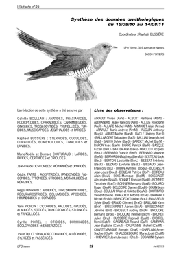 Synthèse Des Données Ornithologiques Du 15/08/10 Au 14/08/11