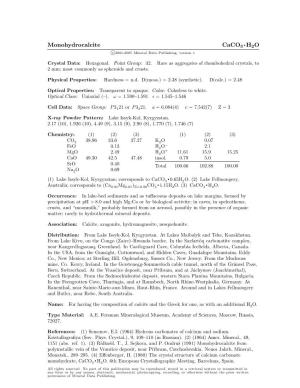 Monohydrocalcite Caco3 • H2O C 2001-2005 Mineral Data Publishing, Version 1
