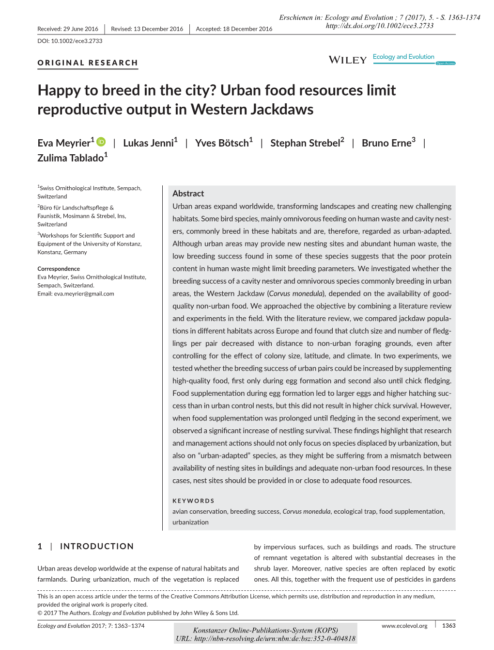 Urban Food Resources Limit Reproductive Output in Western Jackdaws