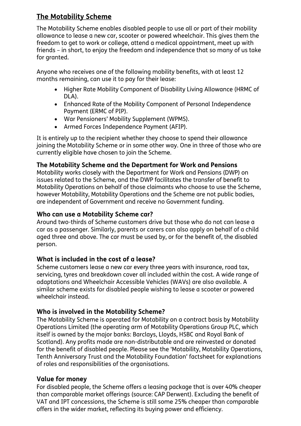 Factsheet for the Motability Scheme