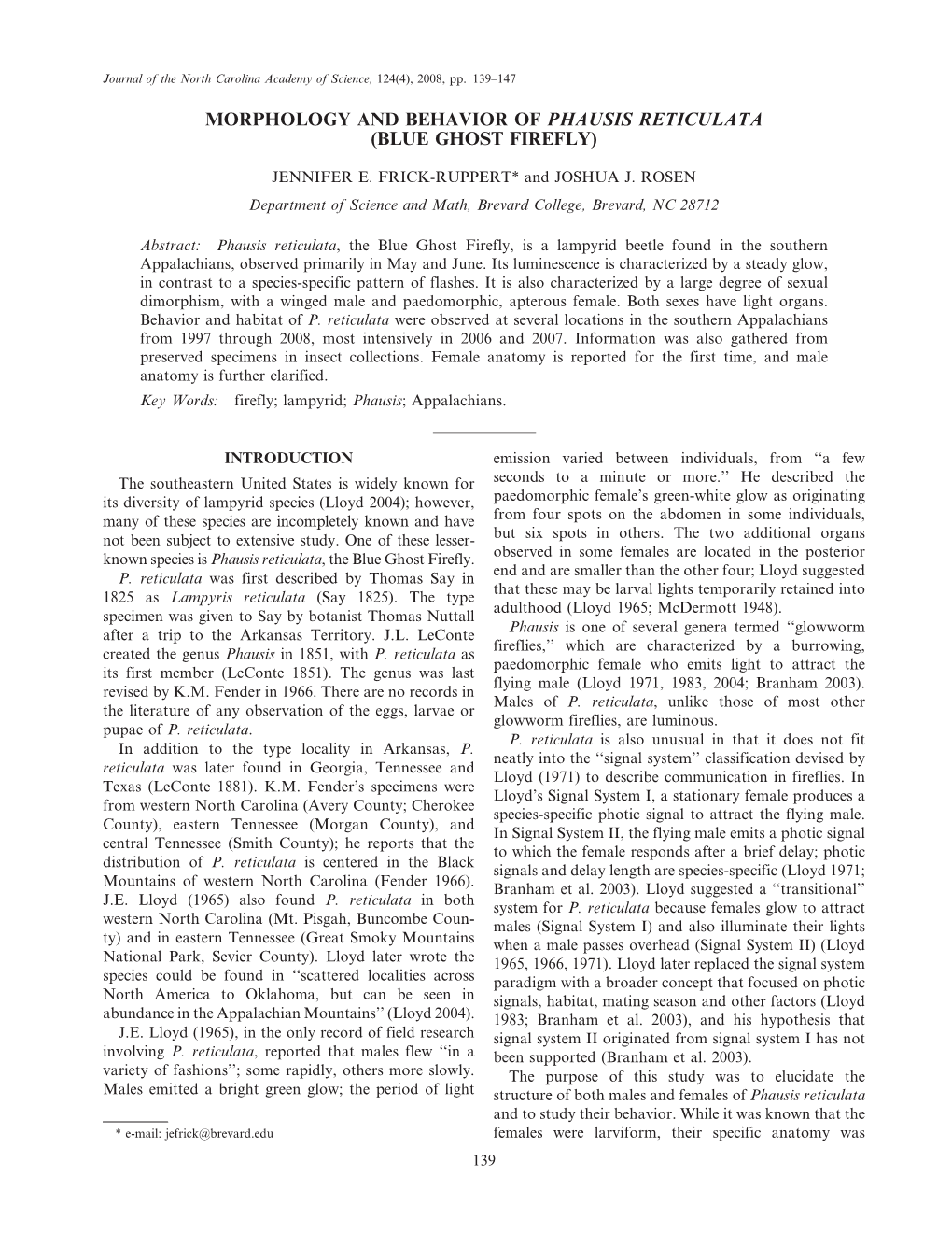 Morphology and Behavior of Phausis Reticulata (Blue Ghost Firefly)