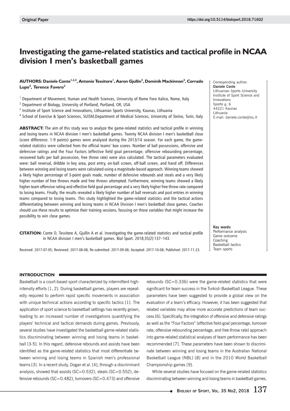 Investigating the Game-Related Statistics and Tactical Profile in NCAA Division I Men’S Basketball Games