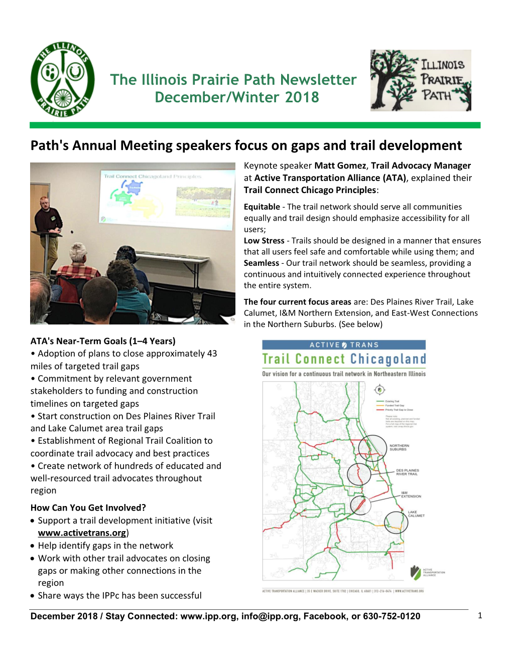 Path's Annual Meeting Speakers Focus on Gaps and Trail Development the Illinois Prairie Path Newsletter December/Winter 2018