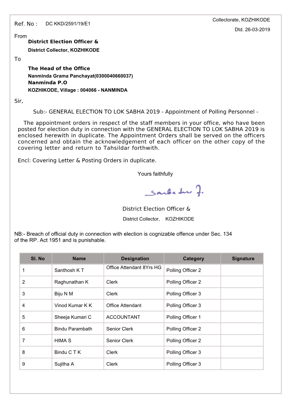 GENERAL ELECTION to LOK SABHA 2019 - Appointment of Polling Personnel