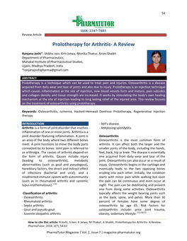 Prolotherapy for Arthritis- a Review