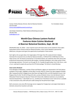World-Class Chinese Lantern Festival Features Asian Cuisine Weekend at Boerner Botanical Gardens, Sept