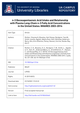1 N-3 Docosapentaenoic Acid (DPA) Intake and Relationship to Plasma