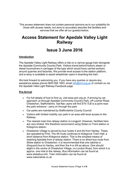 Access Statement for Apedale Valley Light Railway Issue 3 June 2016