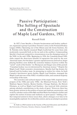 Passive Participation: the Selling of Spectacle and the Construction of Maple Leaf Gardens, 1931