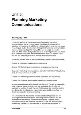 Unit 5: Planning Marketing Communications