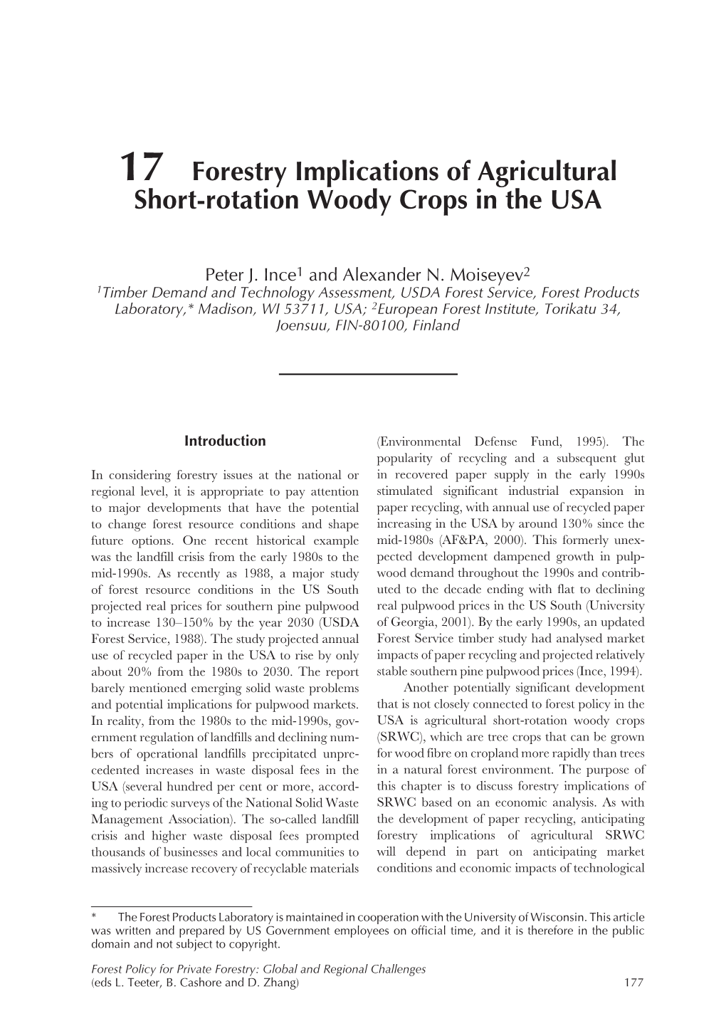 Forestry Implications of Agricultural Short-Rotation Woody Crops in the USA