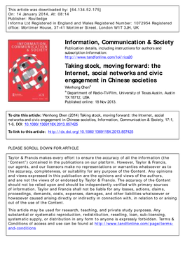 Information, Communication & Society Taking Stock, Moving Forward: The