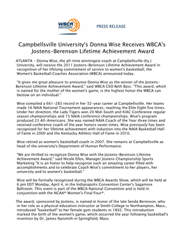 Campbellsville University's Donna Wise Receives WBCA's Jostens-Berenson Lifetime Achievement Award