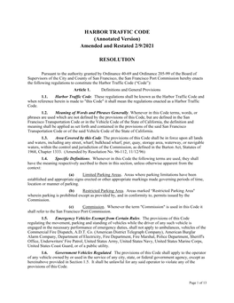 HARBOR TRAFFIC CODE (Annotated Version) Amended and Restated 2/9/2021