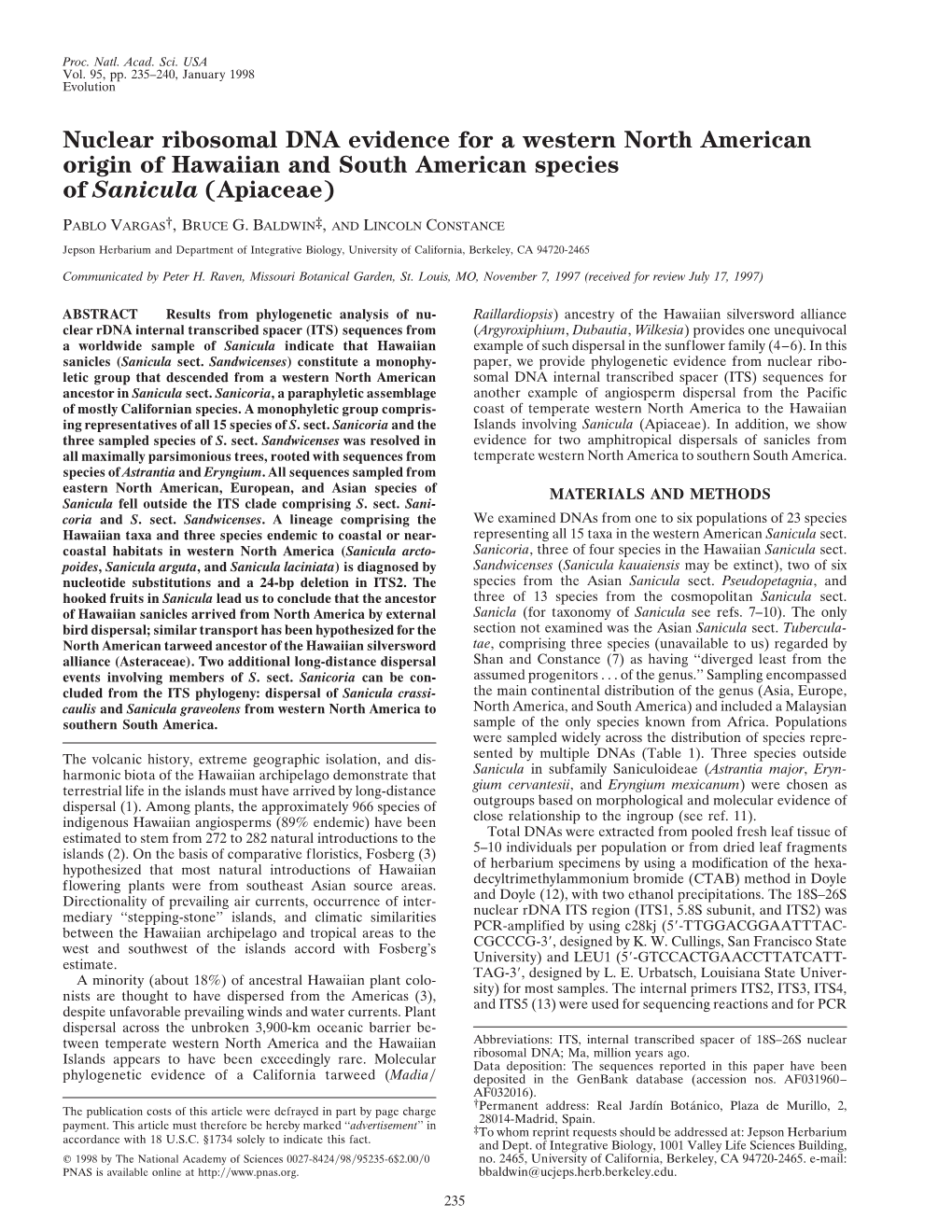 Nuclear Ribosomal DNA Evidence for a Western North American Origin of Hawaiian and South American Species of Sanicula (Apiaceae)