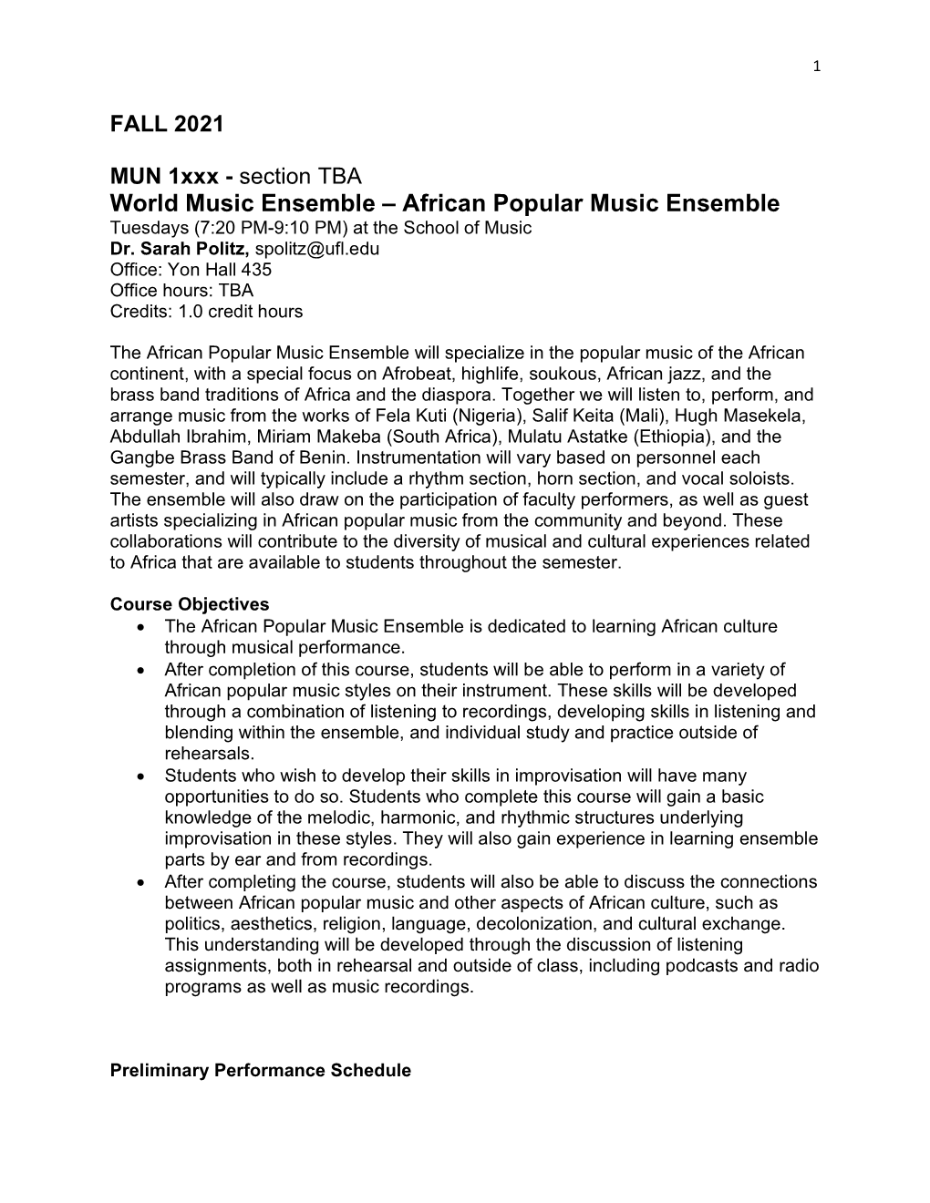 African Popular Music Ensemble Tuesdays (7:20 PM-9:10 PM) at the School of Music Dr