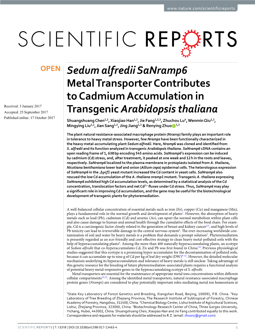 Sedum Alfredii Sanramp6 Metal Transporter Contributes to Cadmium Accumulation in Transgenic Arabidopsis Thaliana