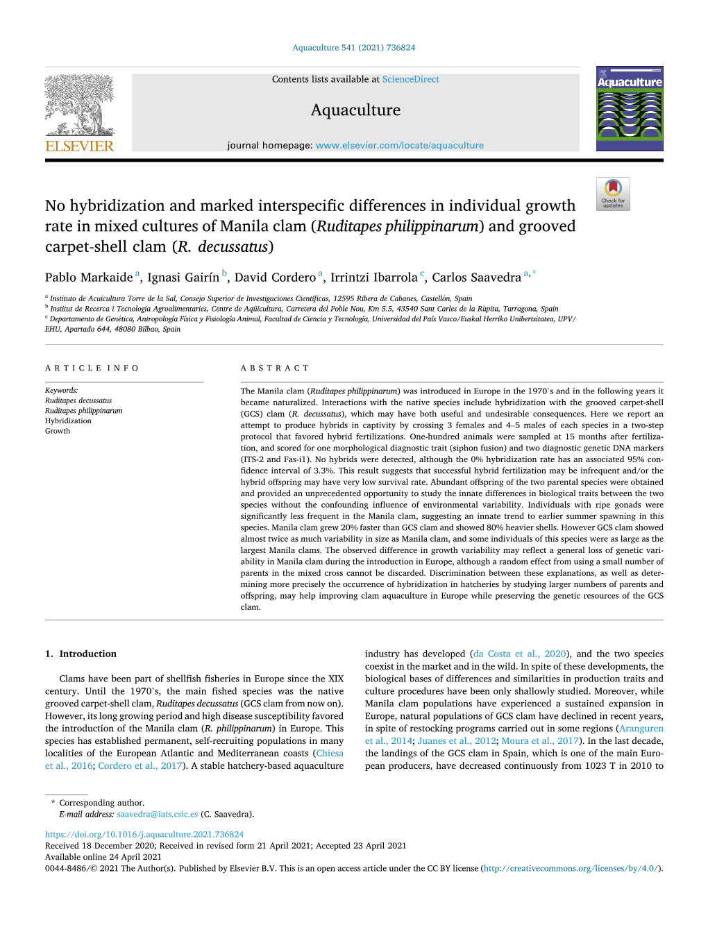 No Hybridization and Marked Interspecific Differences in Individual Growth Rate in Mixed Cultures of Manila Clam