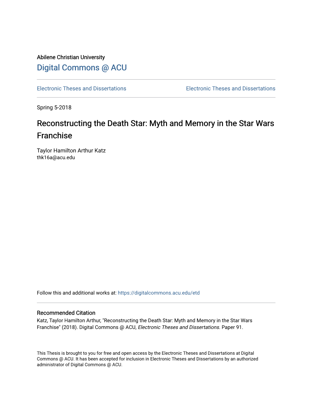 Reconstructing the Death Star: Myth and Memory in the Star Wars Franchise