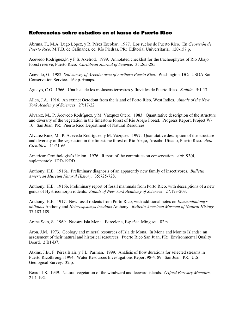 Referencias Sobre Estudios En El Karso De Puerto Ricorico