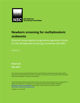 Newborn Screening for Methylmalonic Acidaemia External Review Against Programme Appraisal Criteria for the UK National Screening Committee (UK NSC)