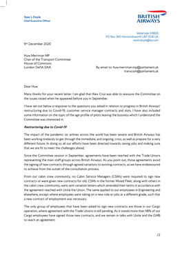 Letter from Sean Doyle, CEO British Airways, to Committee in Response