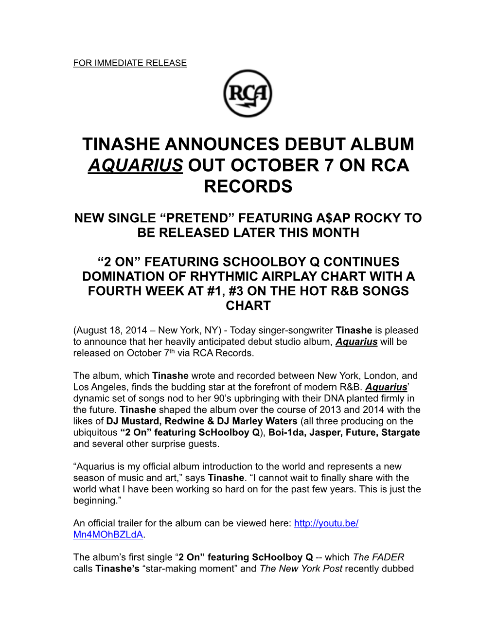 Tinashe Aquarius Release Date Announcement 0