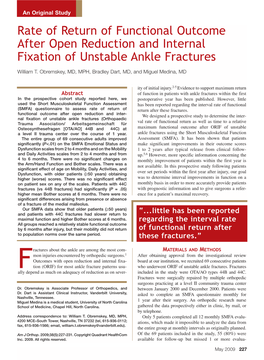 Rate of Return of Functional Outcome After Open Reduction and Internal Fixation of Unstable Ankle Fractures