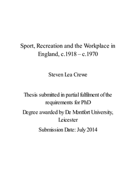 Sport, Recreation and the Workplace in England, C.1918 – C.1970