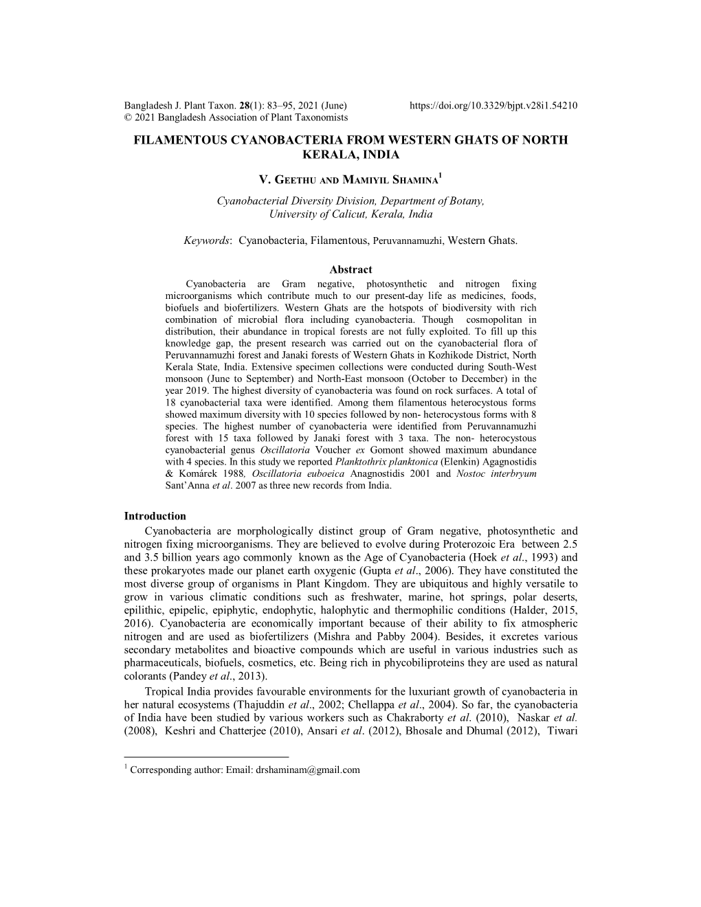 Filamentous Cyanobacteria from Western Ghats of North Kerala, India