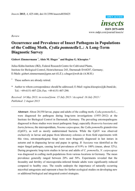 Occurrence and Prevalence of Insect Pathogens in Populations of the Codling Moth, Cydia Pomonella L.: a Long-Term Diagnostic Survey