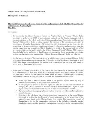 Third Periodical Report of the Republic of the Sudan Under Article 62 of the African Charter on Human and People’S Rights May 2006