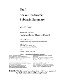 Draft Snake Headwaters Subbasin Summary