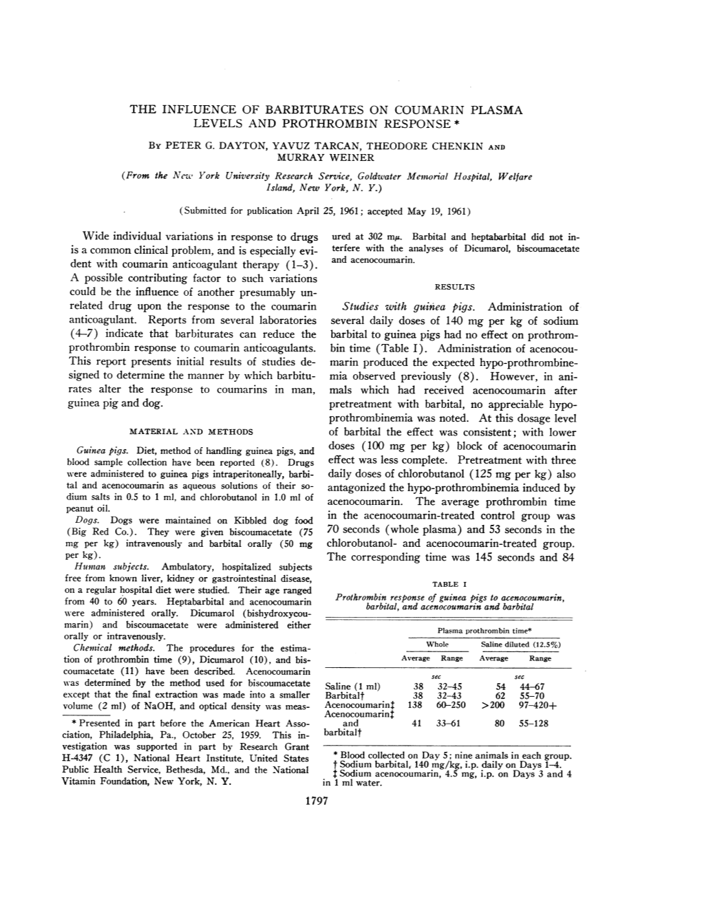 THE INFLUENCE of BARBITURATES on COUMARIN PLASMA LEVELS and PROTHROMBIN RESPONSE * by PETER G