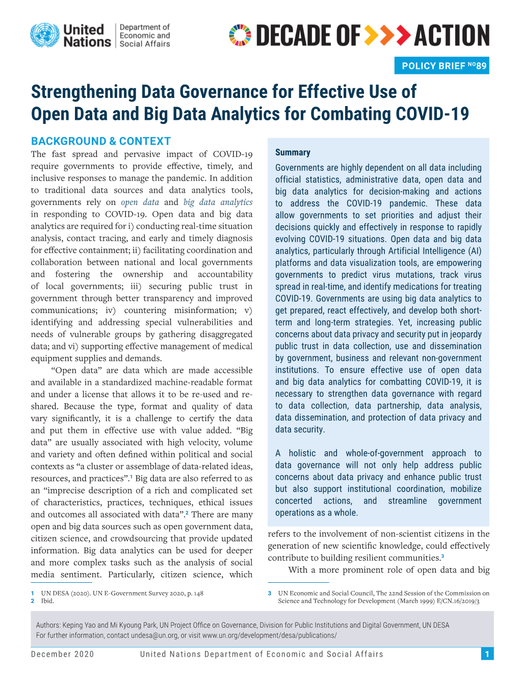 Strengthening Data Governance for Effective Use of Open Data and Big Data Analytics for Combating COVID-19