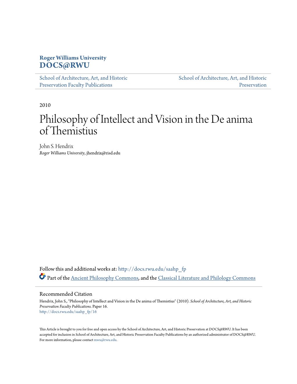 Philosophy of Intellect and Vision in the De Anima of Themistius John S