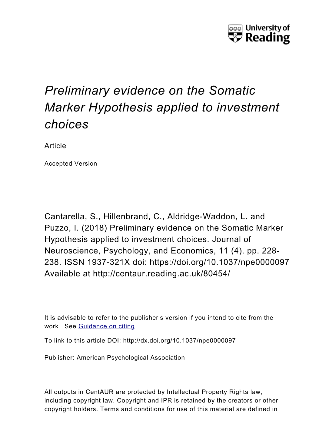 Preliminary Evidence on the Somatic Marker Hypothesis Applied to Investment Choices