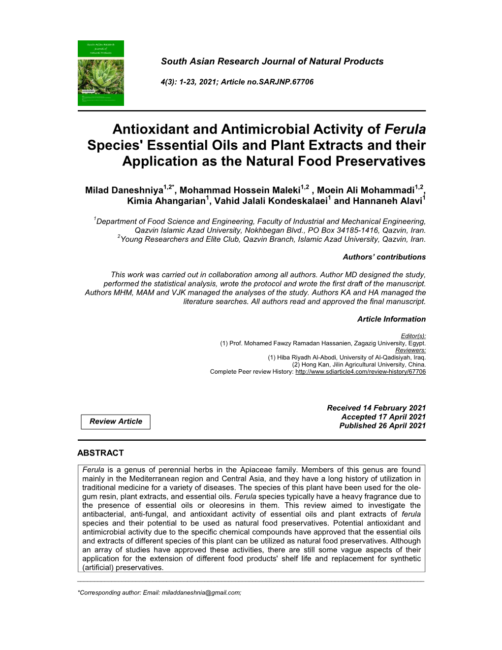 Antioxidant and Antimicrobial Activity of Ferula Species' Essential Oils and Plant Extracts and Their Application As the Natural Food Preservatives